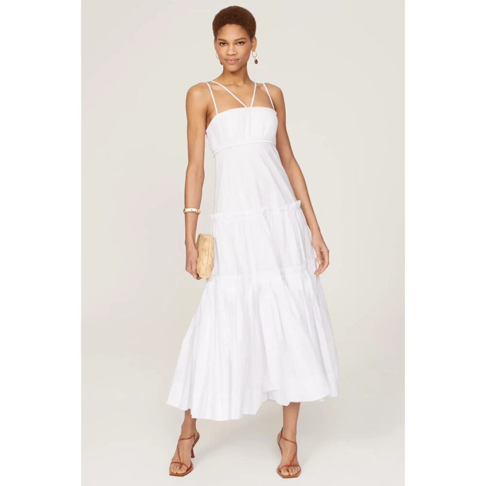 Nicholas Novi Dress Tiered Poplin Maxi White Tiered Pleated Sleeveless 4, Rt $49